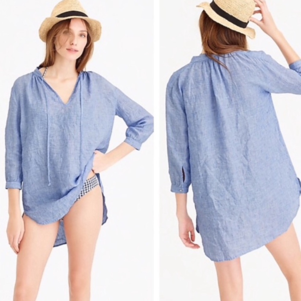 J. Crew Split Neck Tunic Top, Linen Cotton Blend, Lagenlook, Peasant Blouse, L